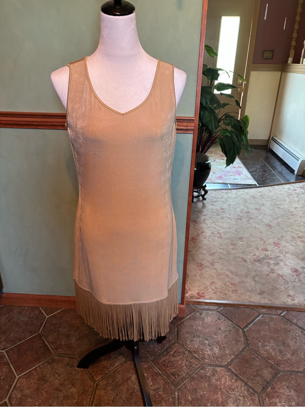 Together Metallic Champagne Shift Dress with Fringe Trim sz M